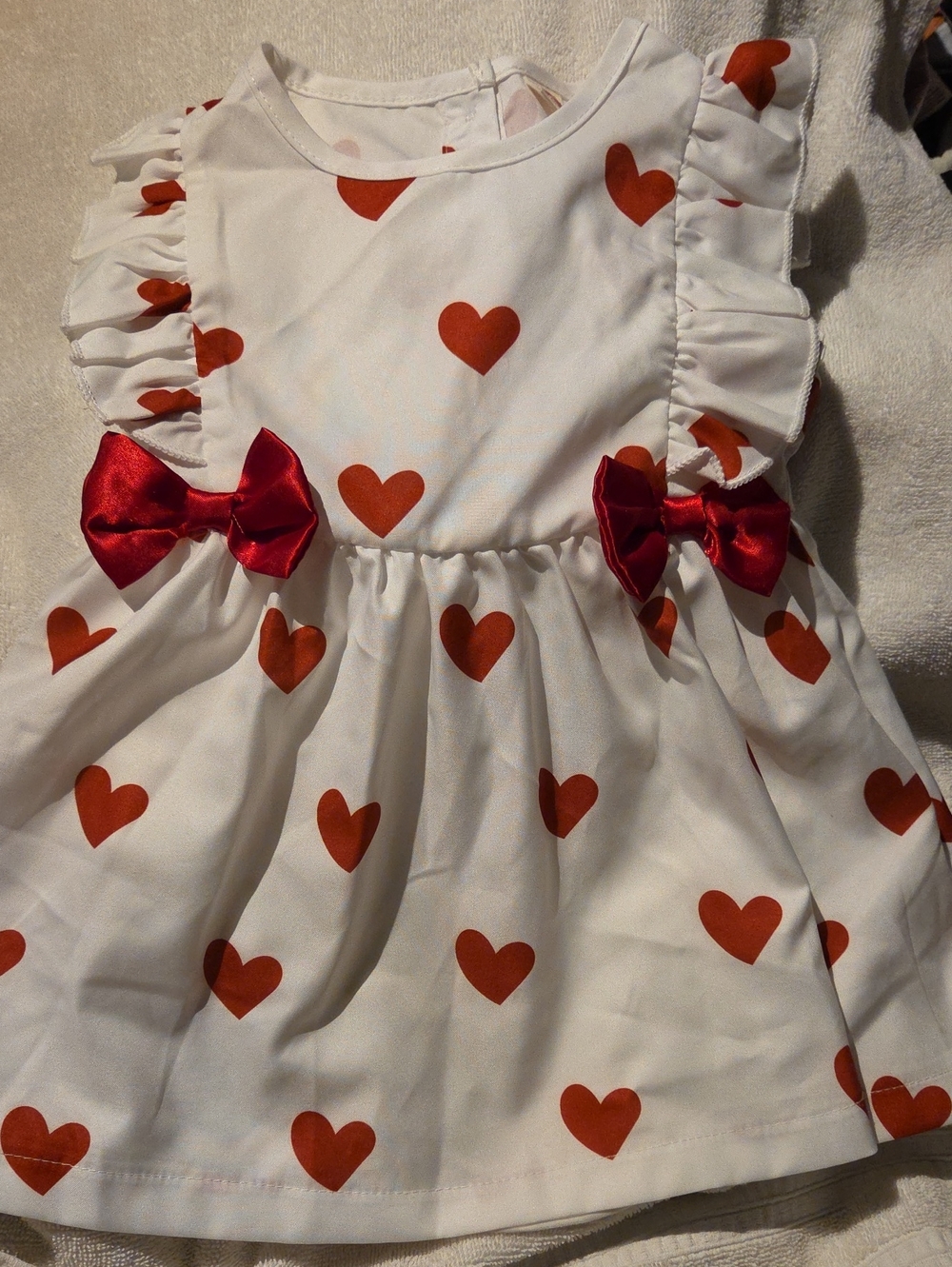 White Dress with Red Heart Print and Satin Bows
